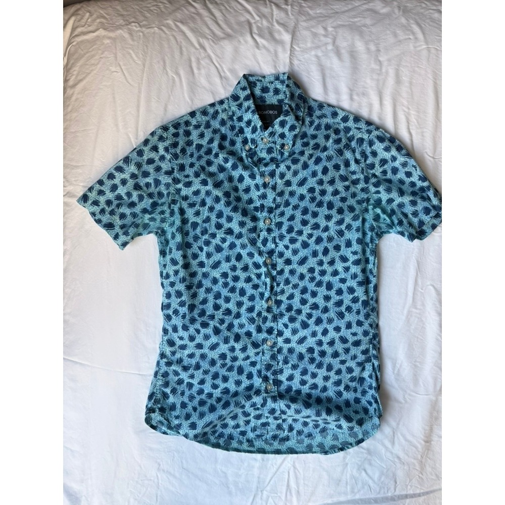 Bonobos Mens Slim Fit Short Sleeve Button Down Shirt Blue Abstract Print XS